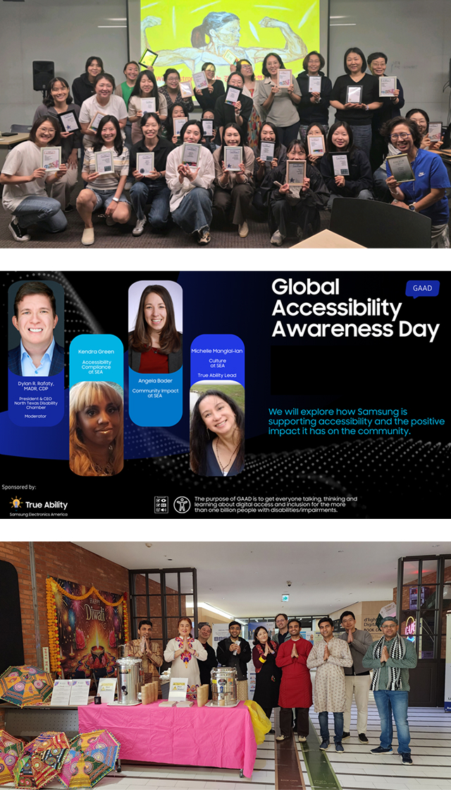 Three images showing Samsung Electronics’ Employee Resource Group (ERG) activities related to diversity and inclusion. From left to right: ① participants posing for a group photo, ② an online event screen for Global Accessibility Awareness Day, and ③ employees dressed in traditional attire posing at an event space.