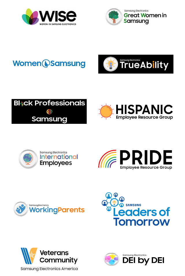Image showing logos of Samsung Electronics’ Employee Resource Groups related to diversity and inclusion, including WISE (Women in Samsung Electronics), Great Women in Samsung, Women@Samsung, TrueAbility, Black Professionals @ Samsung, Hispanic Employee Resource Group, Samsung Electronics International Employees, Working Parents, Leaders of Tomorrow, Veterans Community, and DEI by DEI.