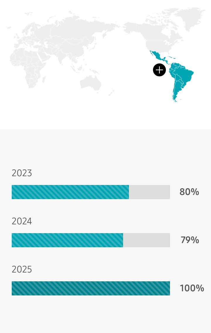 Latin America 2023 80%, 2024 79%, 2025 100%