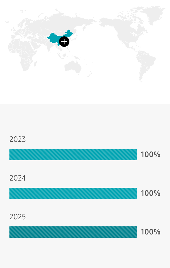 China 2023 100%, 2024 100%, 2025 100%