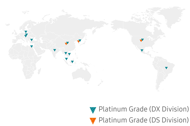 This image shows a world map of Zero Waste to Landfill certifications where orange inverted triangles indicate Platinum grade sites in the DS Division and teal inverted triangles indicate Platinum-grade sites in the DX Division, with sites located in South Korea, Slovakia, China, India, Brazil, Poland, Egypt, Vietnam, Mexico, Indonesia, Thailand, United States, Türkiye, Hungary, and Malaysia, and Platinum-grade sites in the DS Division sites located in South Korea, China, and United States.