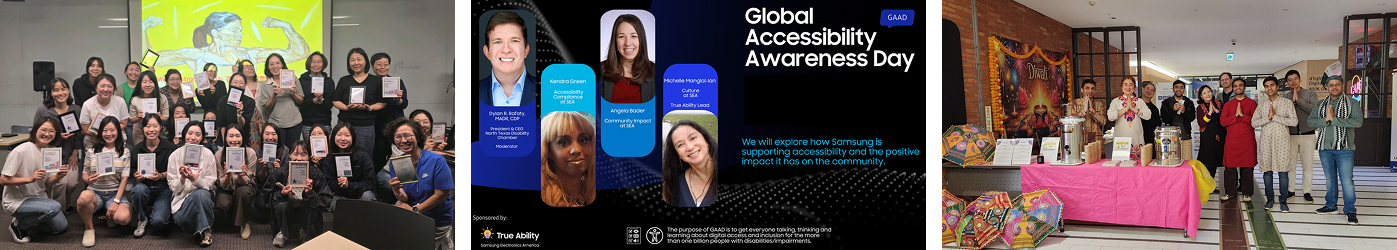 Three images showing Samsung Electronics’ Employee Resource Group (ERG) activities related to diversity and inclusion. From left to right: ① participants posing for a group photo, ② an online event screen for Global Accessibility Awareness Day, and ③ employees dressed in traditional attire posing at an event space.