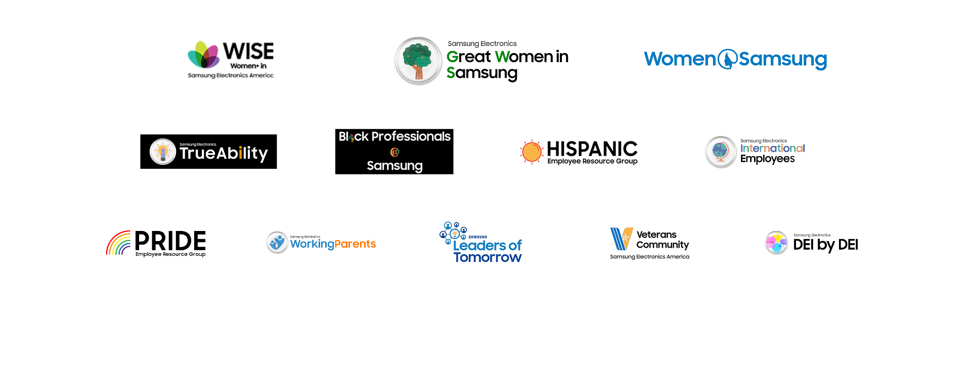 Image showing logos of Samsung Electronics’ Employee Resource Groups related to diversity and inclusion, including WISE (Women in Samsung Electronics), Great Women in Samsung, Women@Samsung, TrueAbility, Black Professionals @ Samsung, Hispanic Employee Resource Group, Samsung Electronics International Employees, Working Parents, Leaders of Tomorrow, Veterans Community, and DEI by DEI.