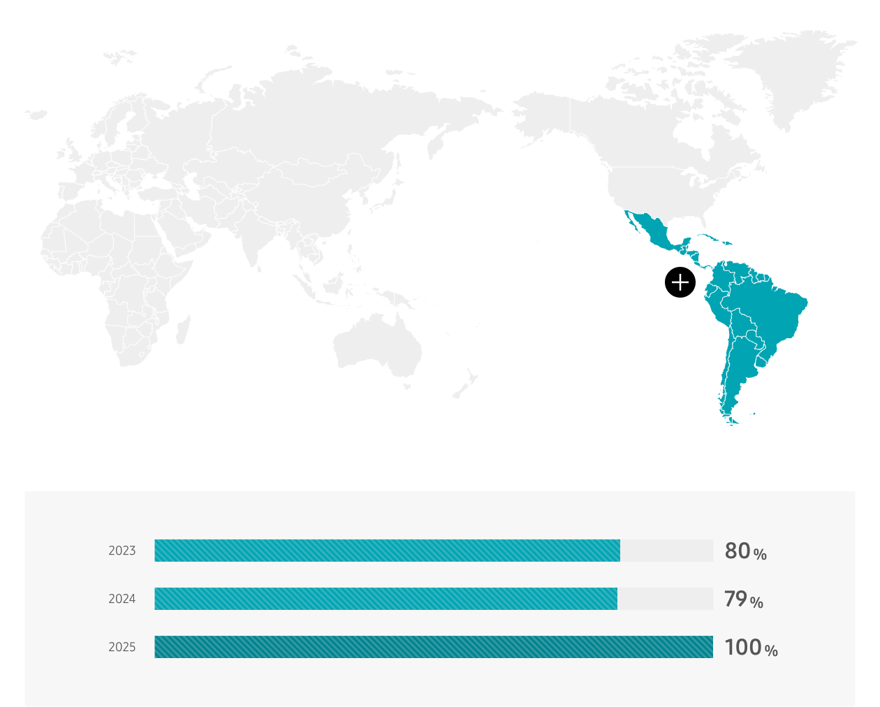 Latin America 2023 80%, 2024 79%, 2025 100%