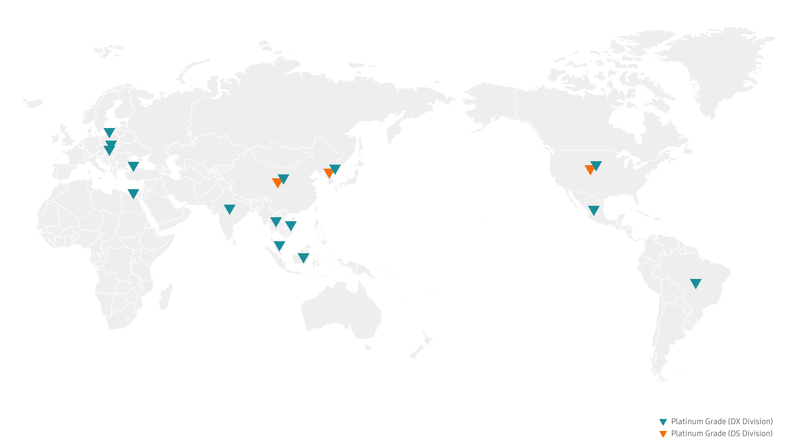 This image shows a world map of Zero Waste to Landfill certifications where orange inverted triangles indicate Platinum grade sites in the DS Division and teal inverted triangles indicate Platinum-grade sites in the DX Division, with sites located in South Korea, Slovakia, China, India, Brazil, Poland, Egypt, Vietnam, Mexico, Indonesia, Thailand, United States, Türkiye, Hungary, and Malaysia, and Platinum-grade sites in the DS Division sites located in South Korea, China, and United States.